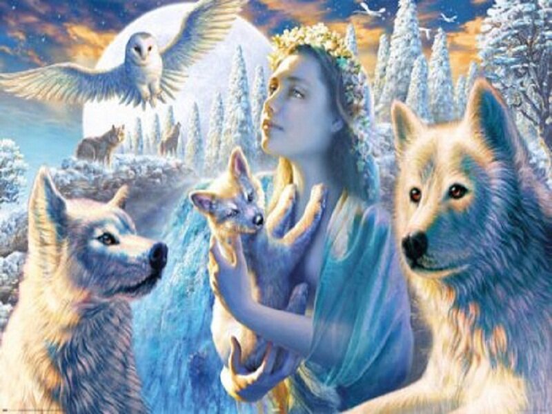 Woman Holding Wolf Pup — Blue
