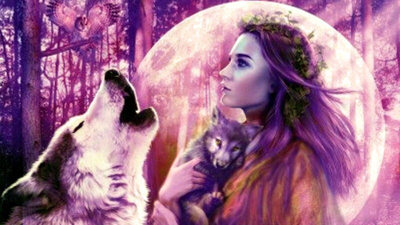 Woman Holding Wolf Pup — Purple