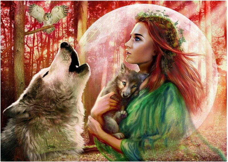 Woman Holding Wolf Pup — Red