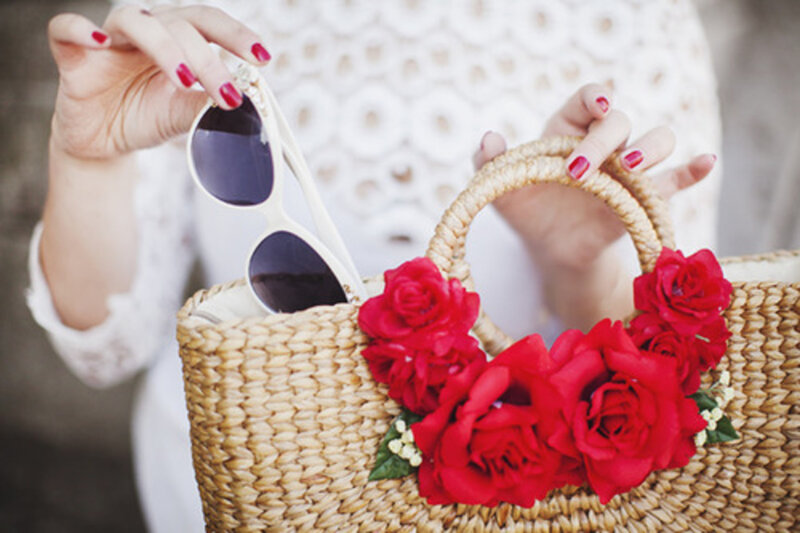 Woman Holding Woven Bag — Red