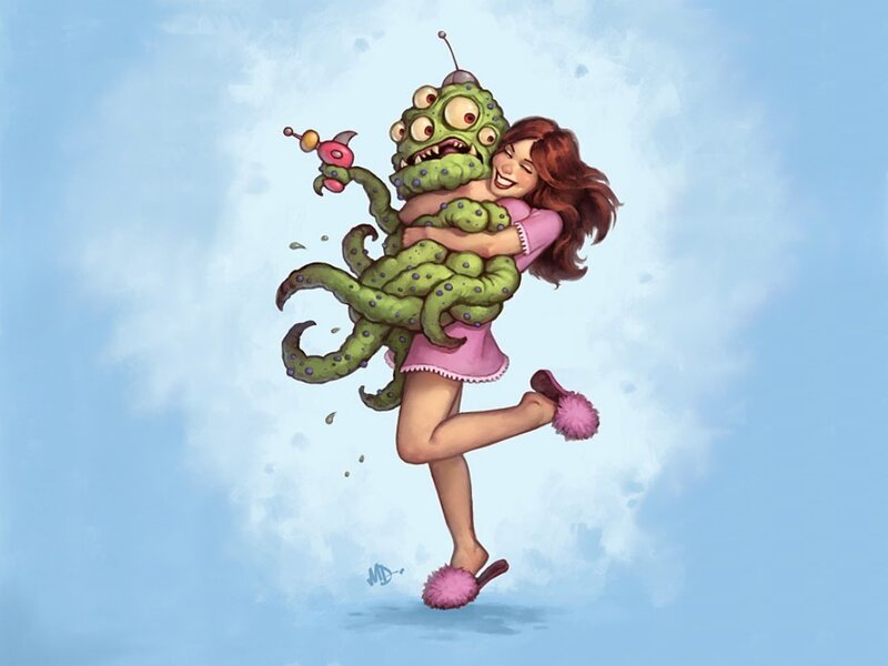 woman hugging alien creature