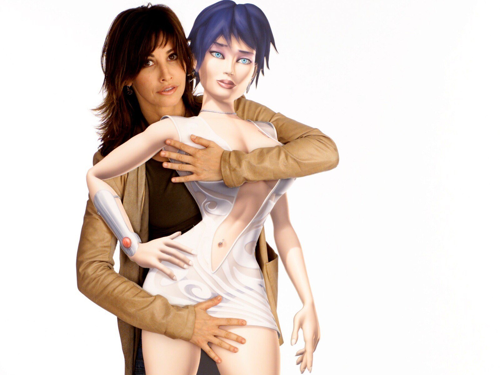 Woman hugging animated character