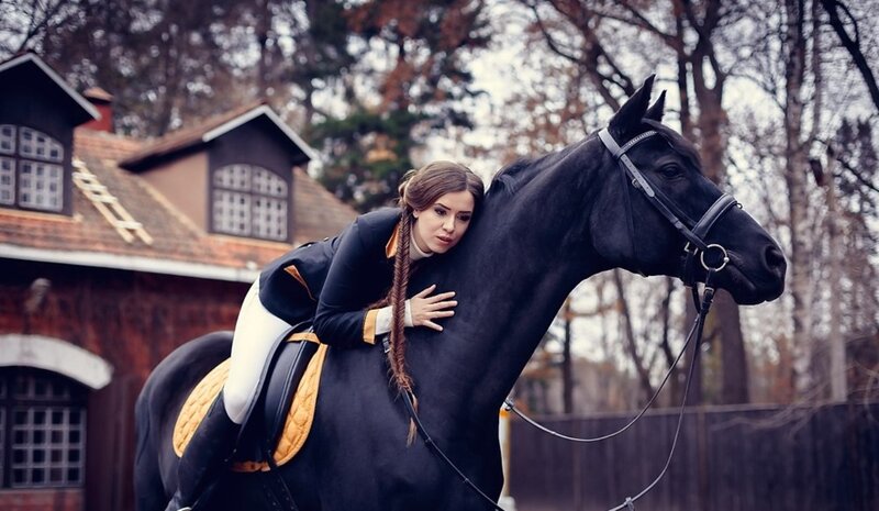 Woman Hugging Black Horse — Calm