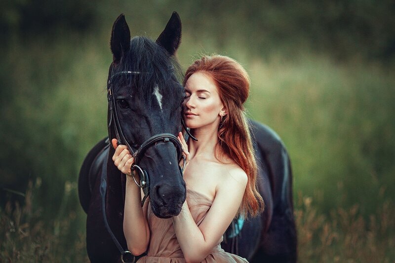 Woman Hugging Black Horse — Serene, Afternoon, Photograph