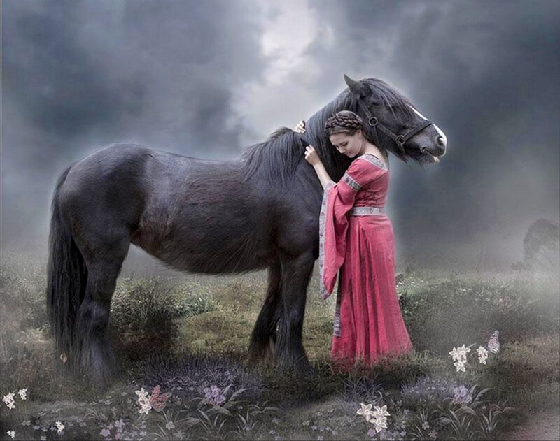 Woman Hugging Black Horse