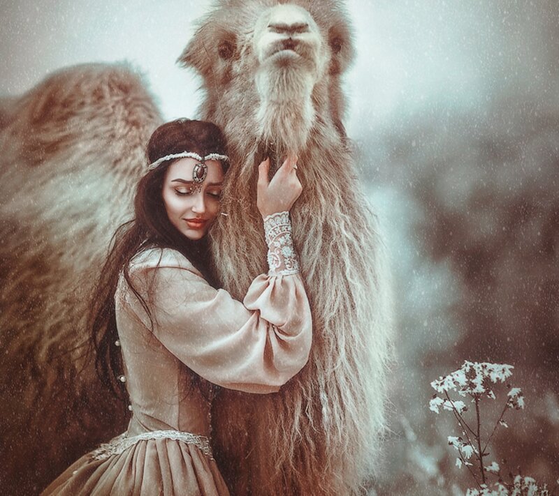 Woman Hugging Camel