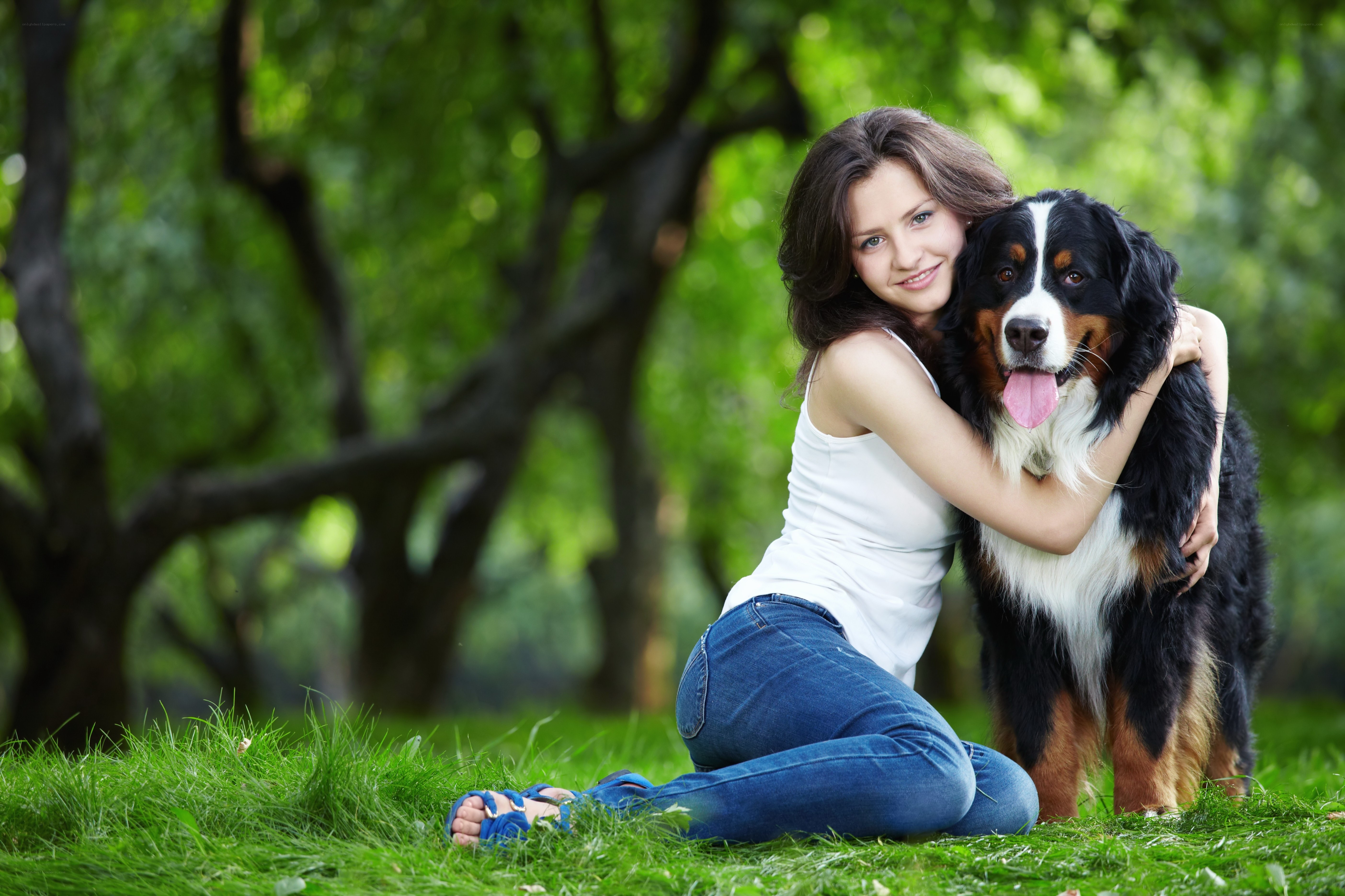 Woman hugging dog in park