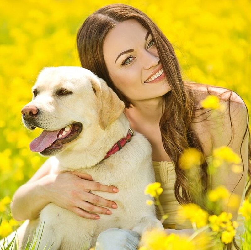 Woman Hugging Dog — Yellow, Peaceful