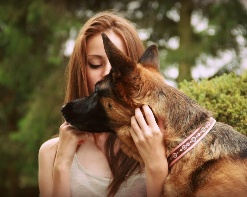 Woman Hugging German Shepherd — Brown