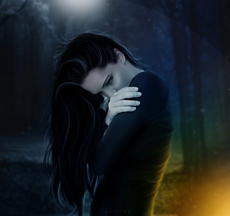 Woman Hugging Herself — Blue, Melancholic