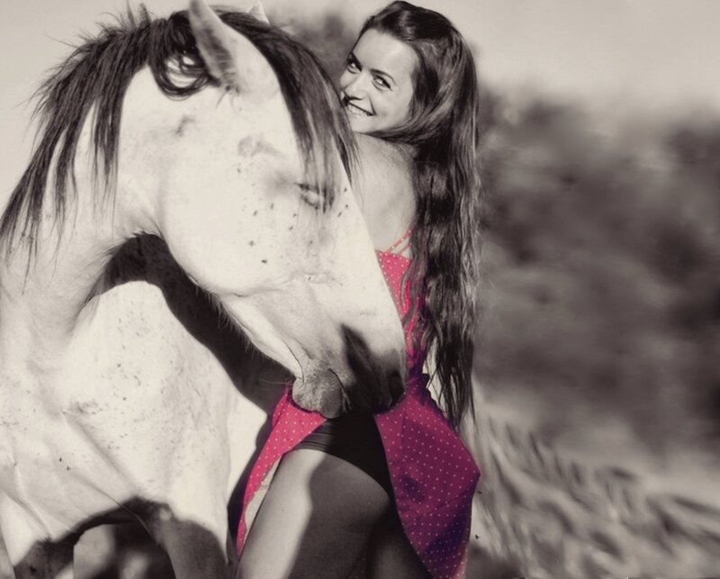 Woman Hugging Horse — Black, Affectionate