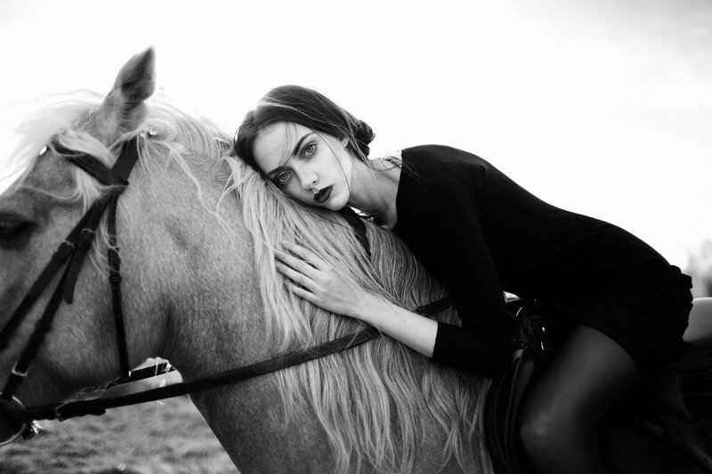 Woman Hugging Horse — Black, Dramatic