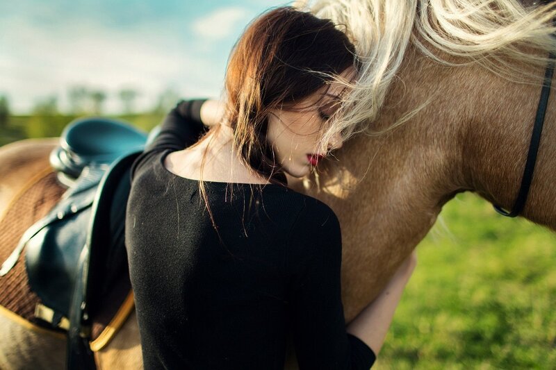 Woman Hugging Horse — Black, Serene, Afternoon, Photograph