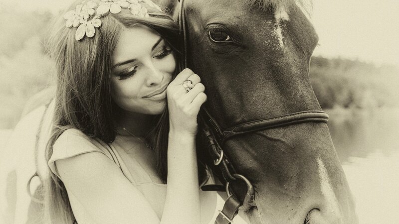 Woman Hugging Horse — Black, Serene, Photograph