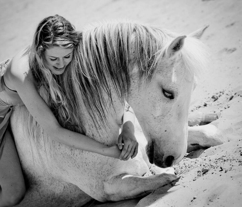 Woman Hugging Horse — Black, Serene