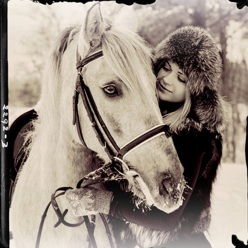Woman Hugging Horse — Black, Serene, Winter