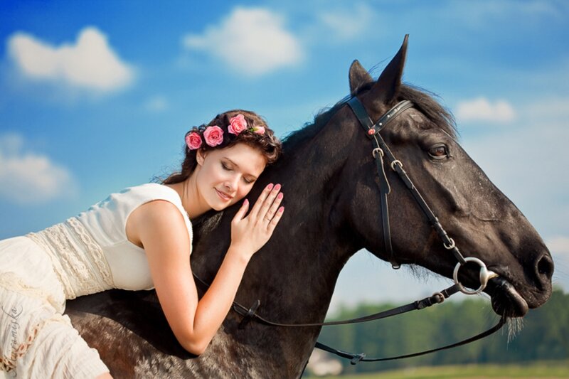 Woman Hugging Horse — Blue