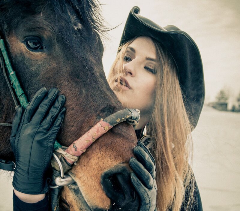 Woman Hugging Horse — Brown, Intimate