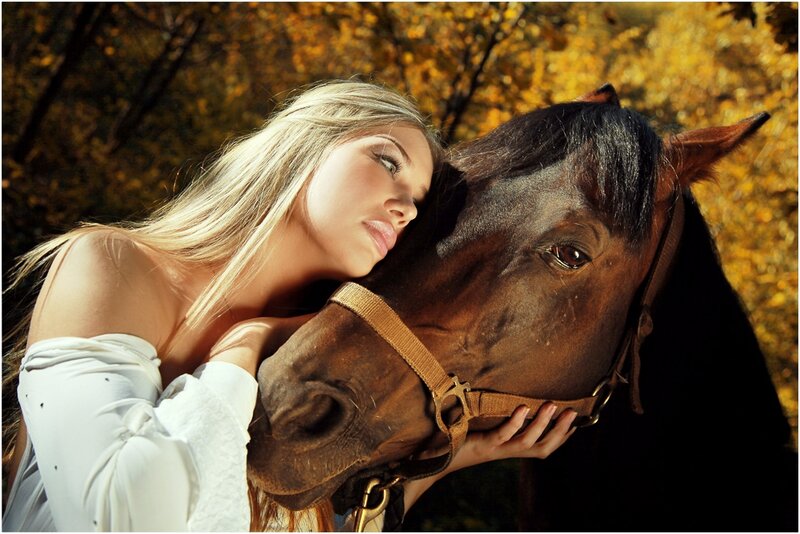 Woman Hugging Horse — Brown, Serene