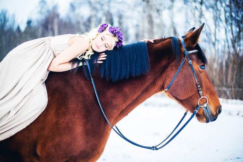 Woman Hugging Horse — Brown, Serene, Winter, Photograph
