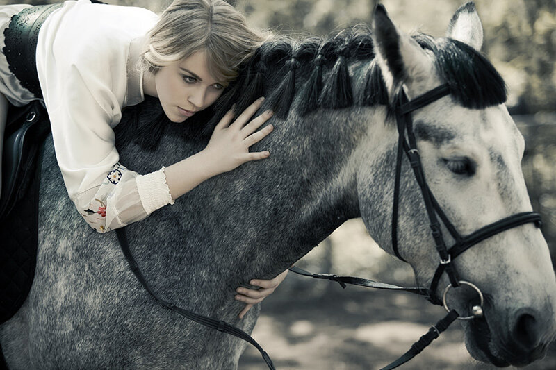 Woman Hugging Horse — Gray