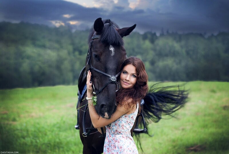 Woman Hugging Horse — Green, Dramatic