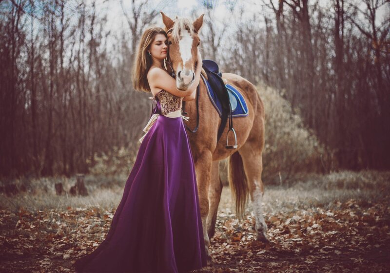Woman Hugging Horse — Purple, Serene