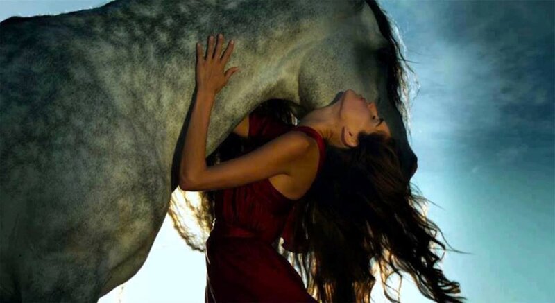 Woman Hugging Horse — Red, Dramatic