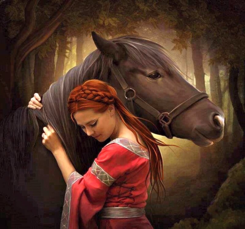 Woman Hugging Horse — Red, Serene