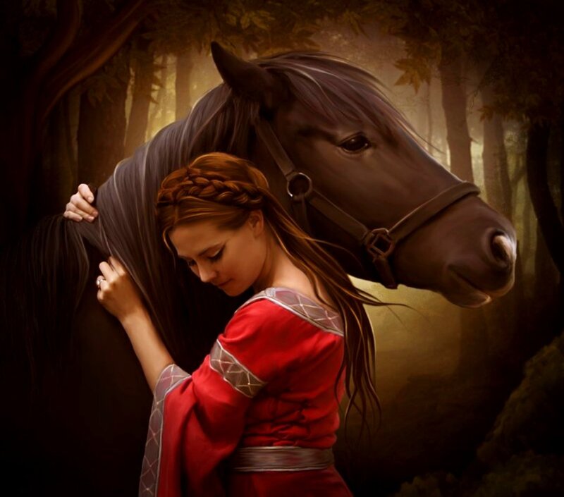 Woman Hugging Horse — Red