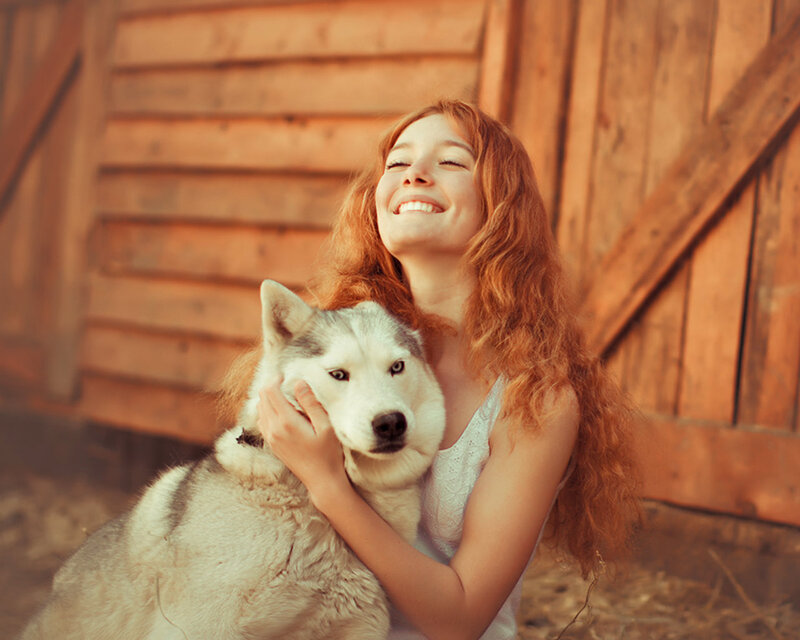 Woman Hugging Husky — Brown