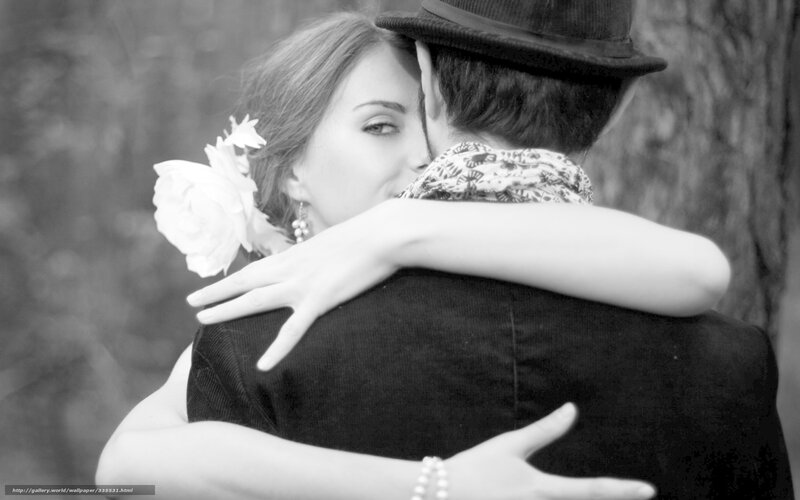 Woman Hugging Man — Black, Intimate, Photograph, Flower, Hat