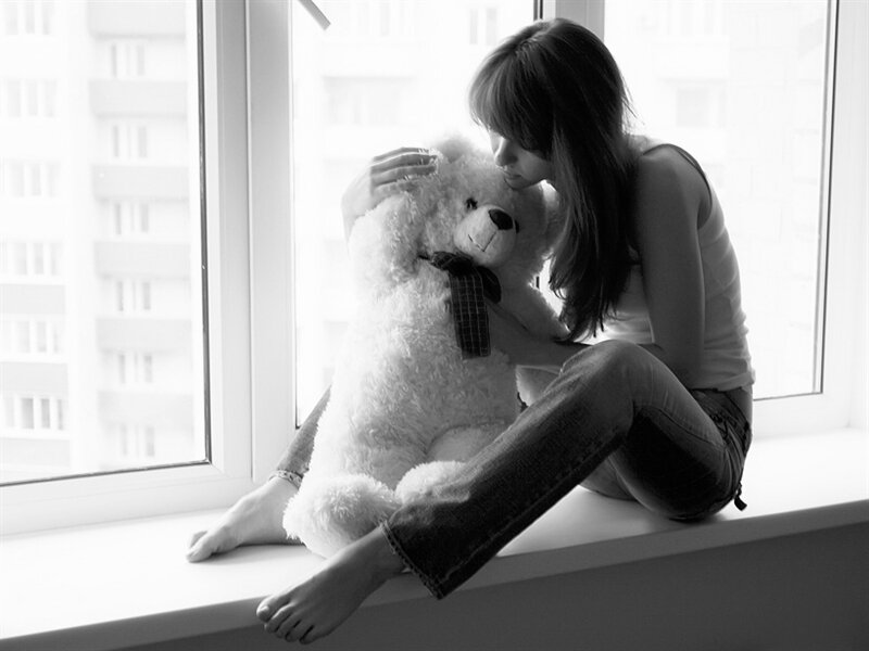 Woman Hugging Teddy Bear — Black, Melancholic