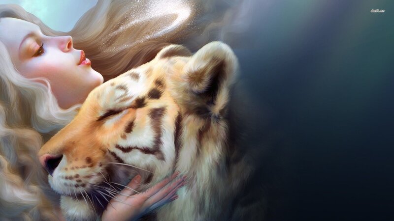 Woman Hugging Tiger — White