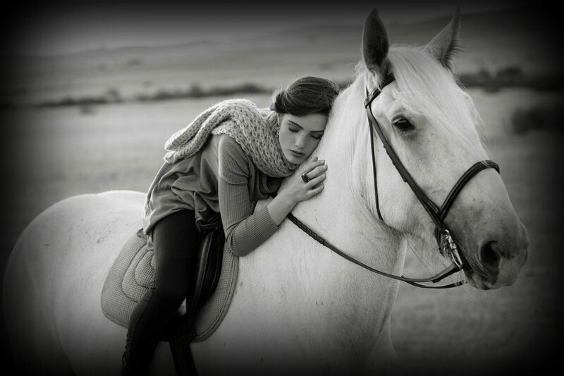 Woman Hugging White Horse — Black