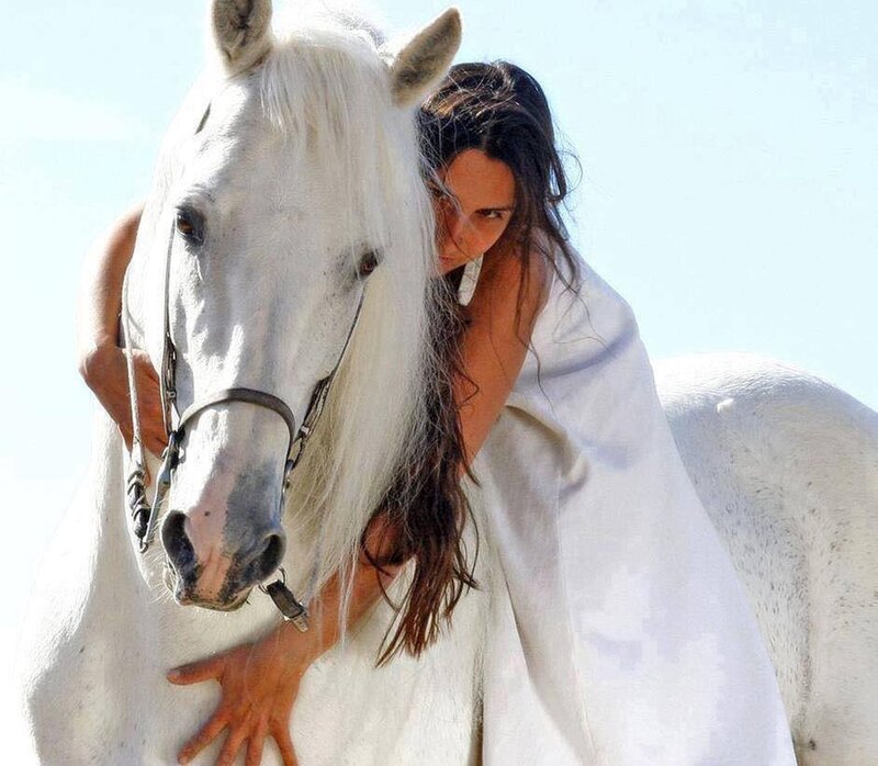 Woman Hugging White Horse — Calm