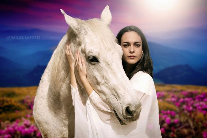 Woman Hugging White Horse — Purple