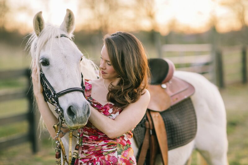 Woman Hugging White Horse — Serene, Sunset
