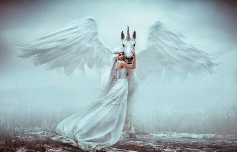 Woman Hugging Winged Unicorn