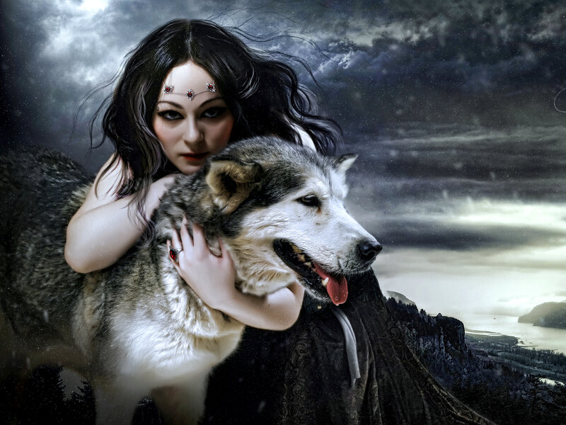 Woman Hugging Wolf — Black