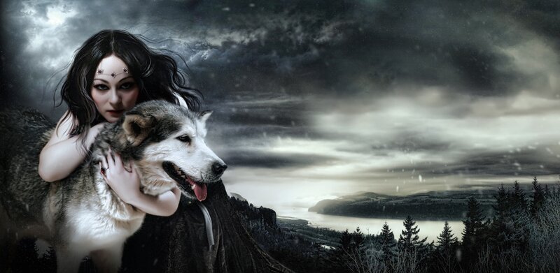 Woman Hugging Wolf — Gray, Dramatic, Night