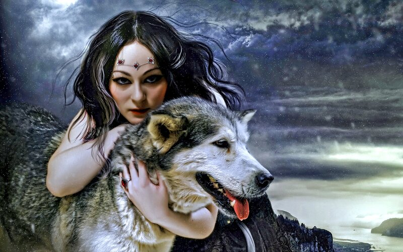 Woman Hugging Wolf — Gray, Dramatic
