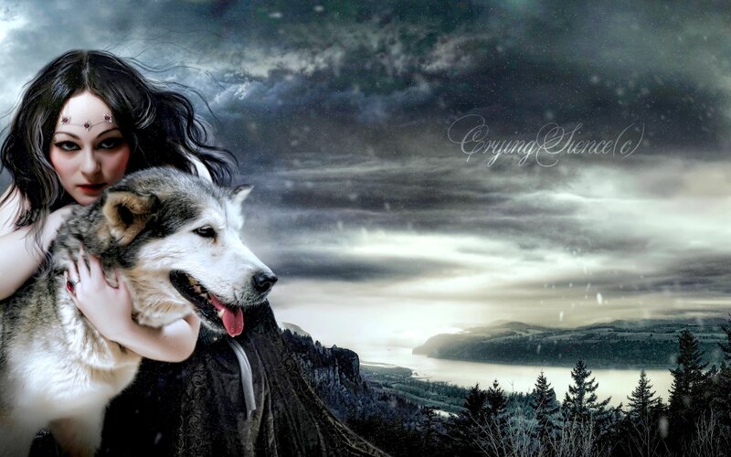 Woman Hugging Wolf — Gray