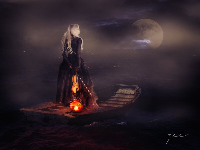 Woman in a Boat — Black, Dramatic, Night