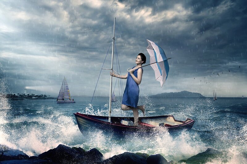 Woman in a Boat — Blue, Dramatic, Digital Art