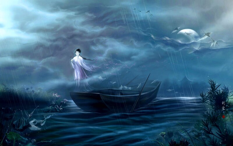 Woman in a Boat — Blue, Dramatic, Night, Digital Art, Birds, Moon