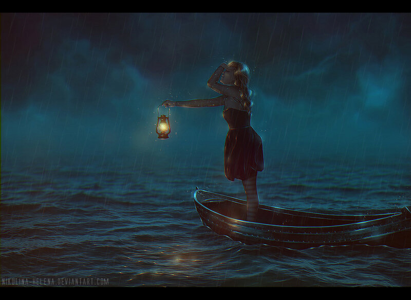 Woman in a Boat — Blue, Dramatic, Night, Digital Art, Lantern