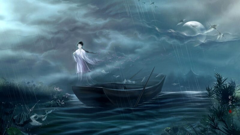 Woman in a Boat — Blue, Dramatic, Night