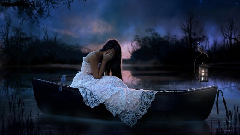 Woman in a Boat — Blue, Melancholic, Night, Digital Art