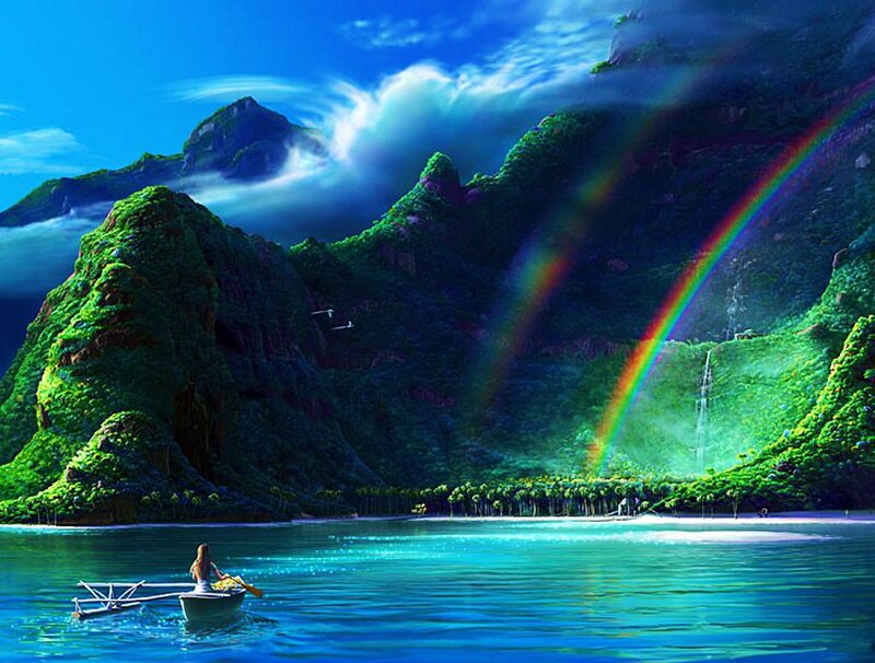 Woman in a Boat — Blue, Serene, Afternoon, Digital Art, Rainbow